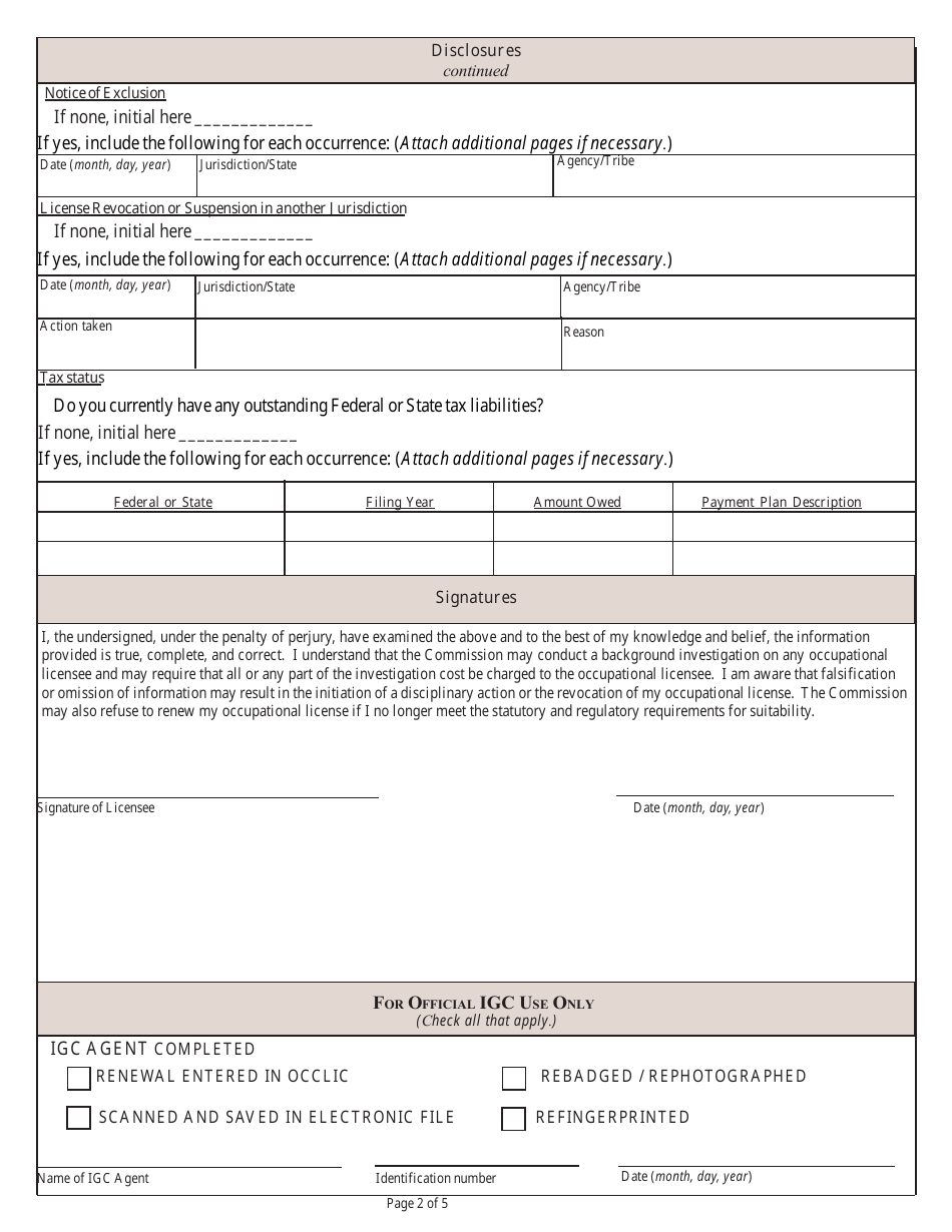 State Form 55732 Application for 3 Years Occupational License Reinvestigation / Renewal - Indiana, Page 2