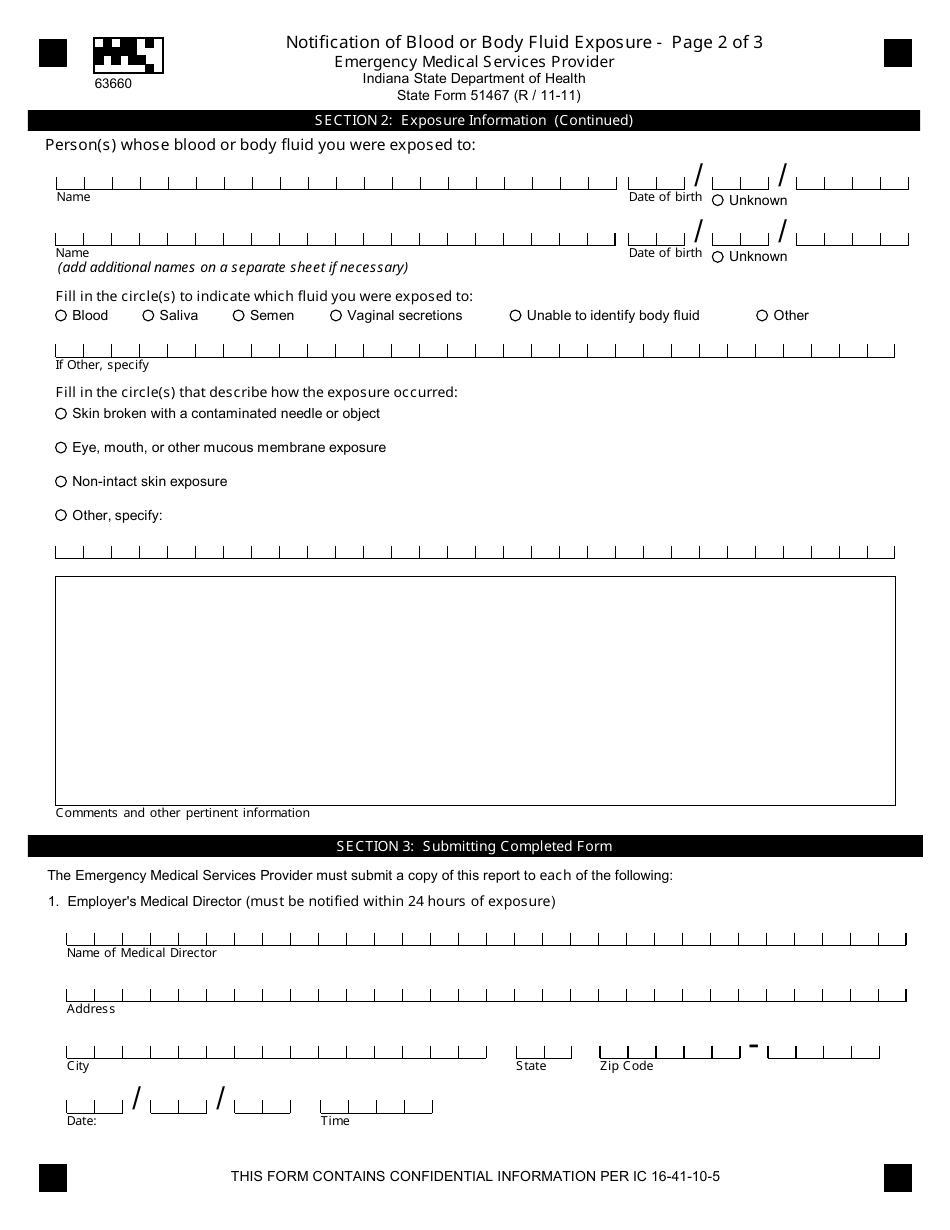 State Form 51467 Notification of Blood or Body Fluid Exposure - Indiana, Page 2