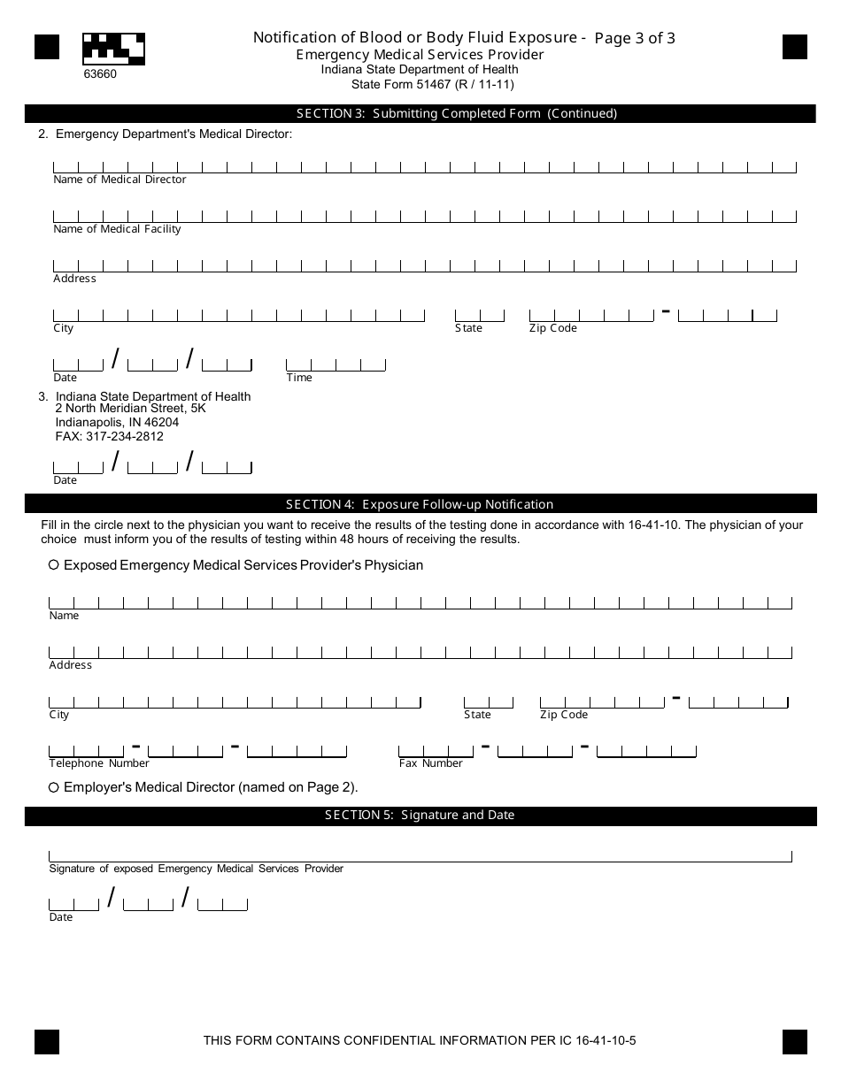 State Form 51467 Notification of Blood or Body Fluid Exposure - Indiana, Page 3