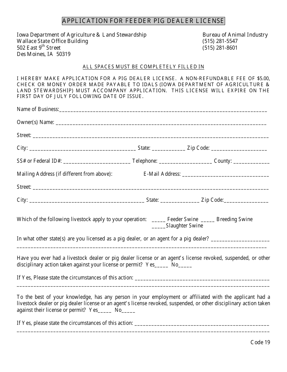 Application for Feeder Pig Dealer License - Iowa, Page 1