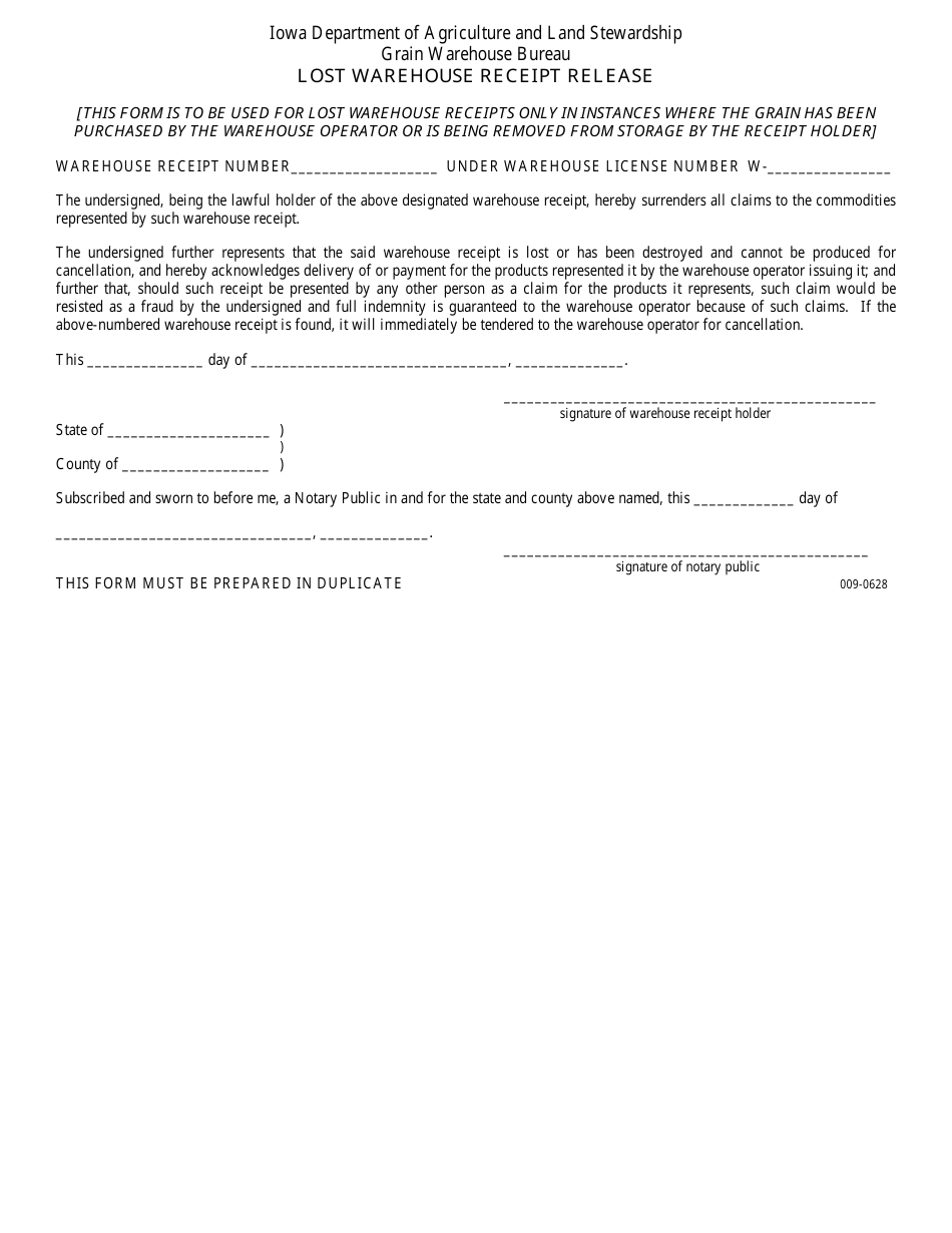 iowa lost warehouse receipt release form download fillable pdf templateroller