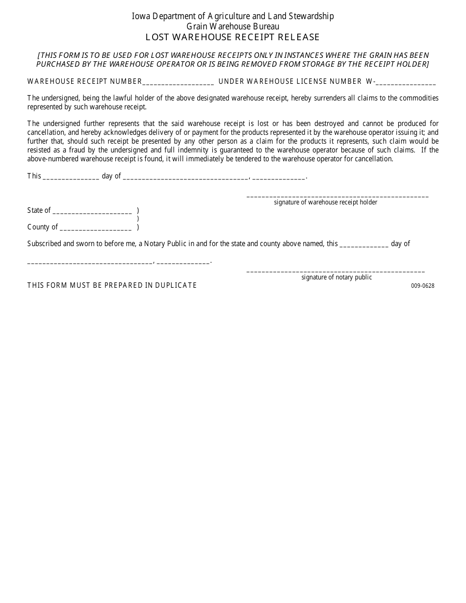 Lost Warehouse Receipt Release Form - Iowa, Page 1