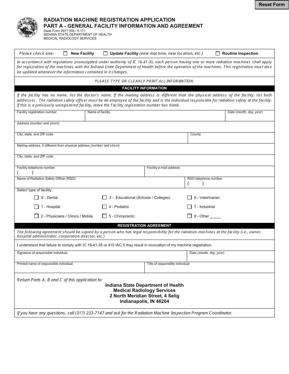 State Form 9977 Radiation Machine Registration Application - Indiana, Page 1