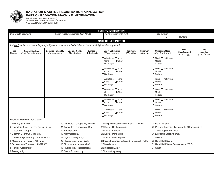 State Form 9977 Radiation Machine Registration Application - Indiana, Page 3