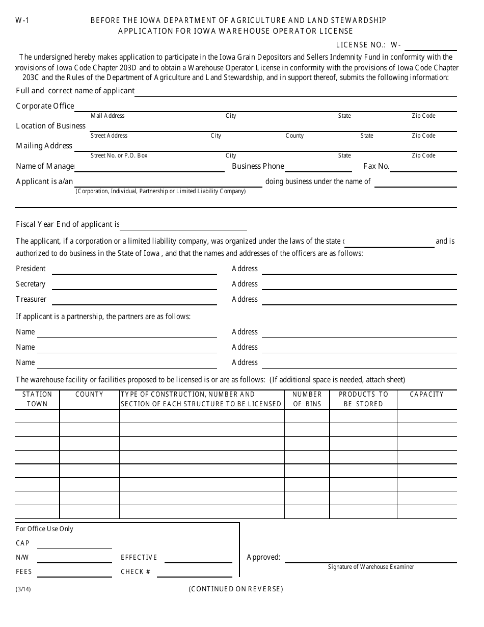 Form W-1 Application for Iowa Warehouse Operator License - Iowa, Page 1