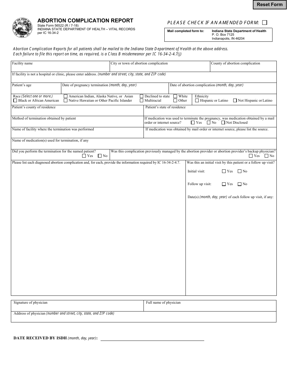 State Form 56522 Abortion Complication Report - Indiana, Page 1