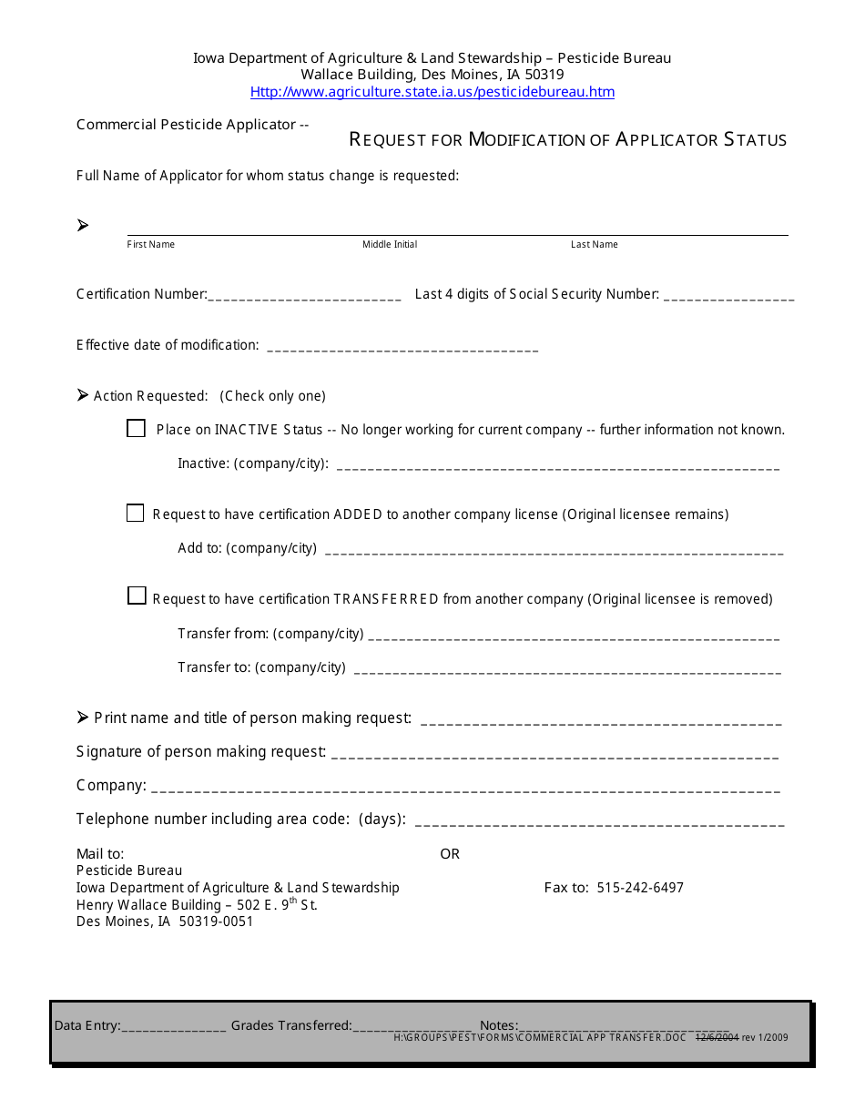 Iowa Request for Modification of Applicator Status Fill Out, Sign