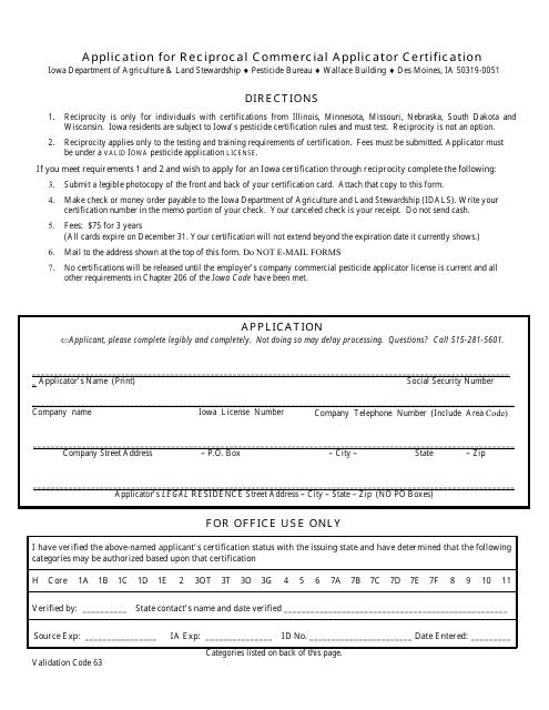 Application for Reciprocal Commercial Applicator Certification - Iowa Download Pdf