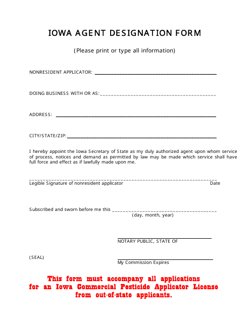 Iowa Agent Designation Form - Iowa Download Pdf