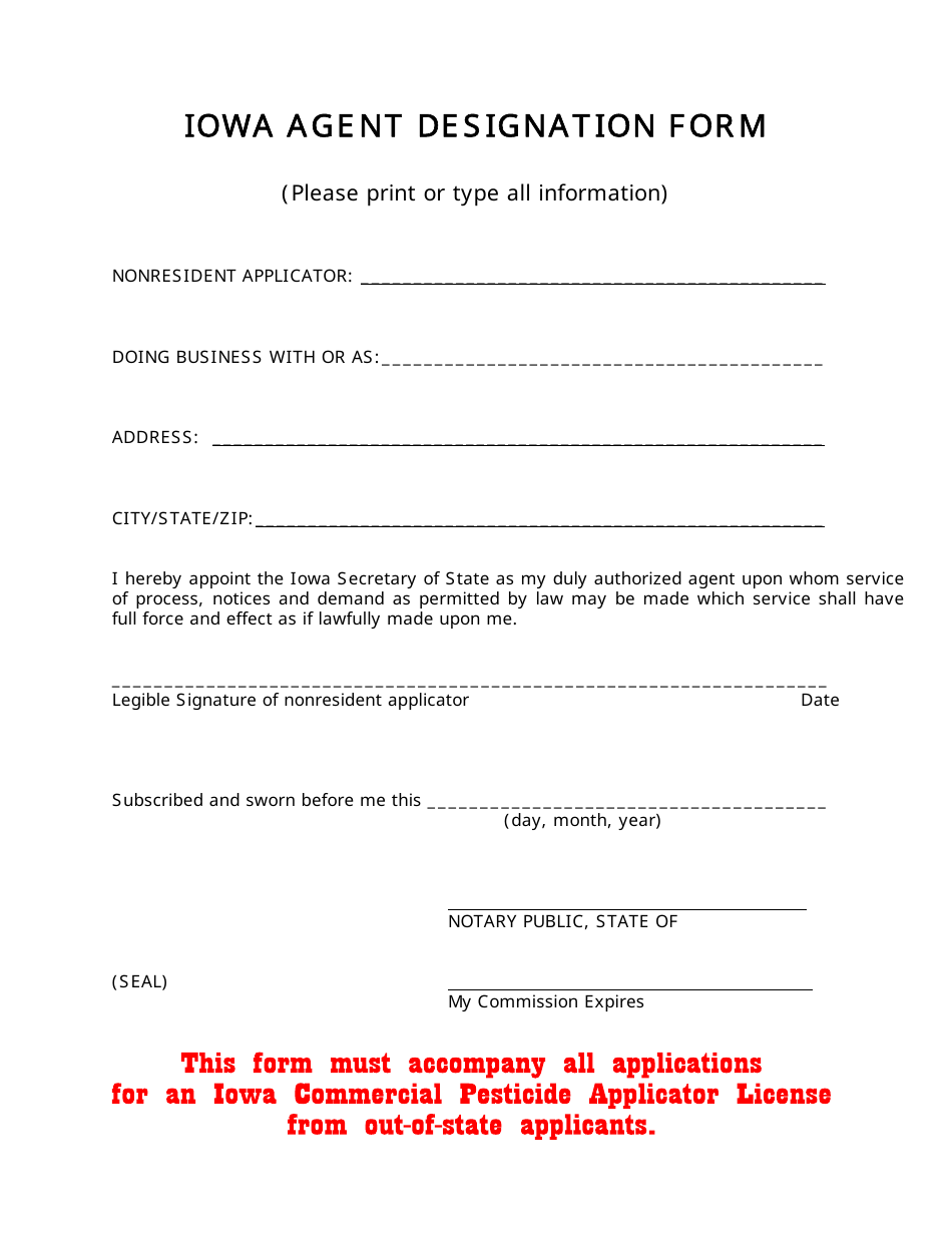 Iowa Agent Designation Form - Iowa, Page 1