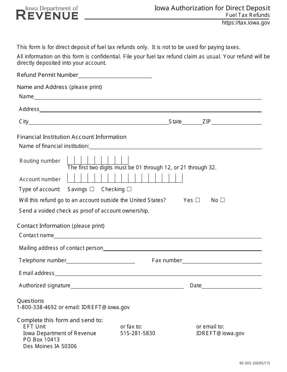 Form 90-303 Application for Direct Deposit of Fuel Tax Refunds - Iowa, Page 1