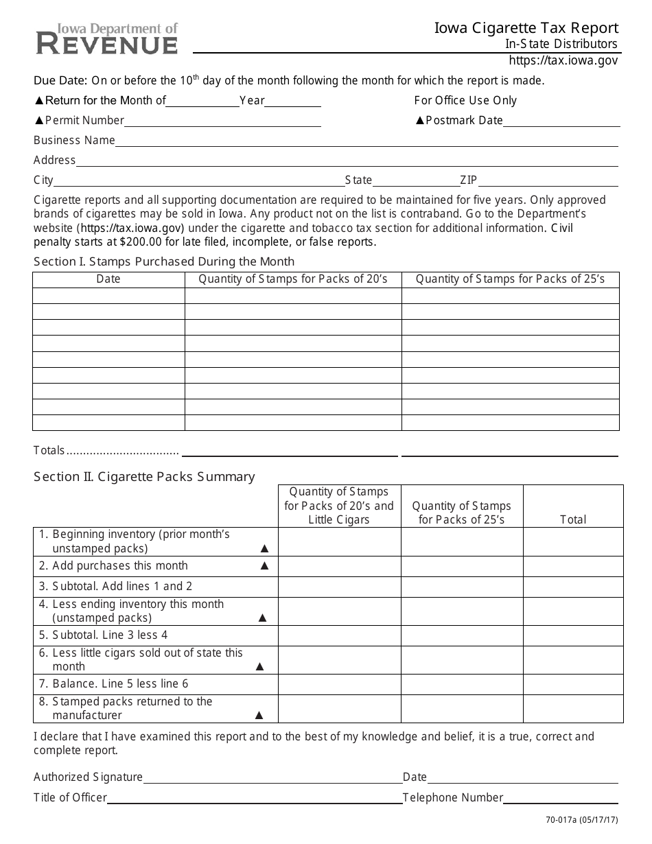 Form 70-017 Iowa Cigarette Tax Report for in-State Distributors - Iowa, Page 1