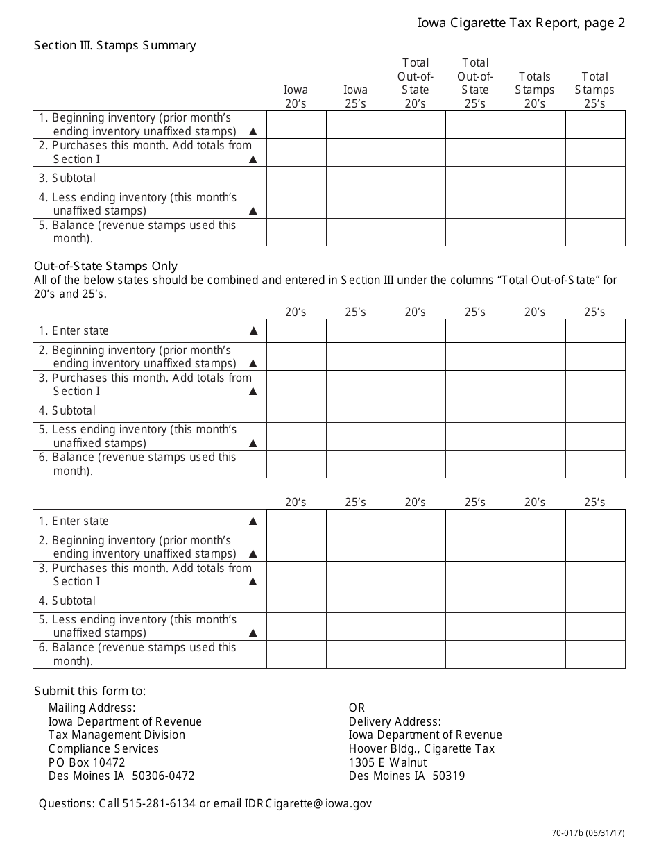 Form 70-017 Iowa Cigarette Tax Report for in-State Distributors - Iowa, Page 2