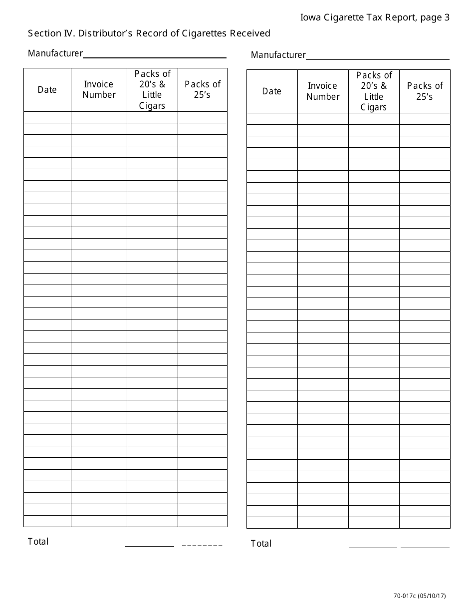 Form 70-017 Iowa Cigarette Tax Report for in-State Distributors - Iowa, Page 3