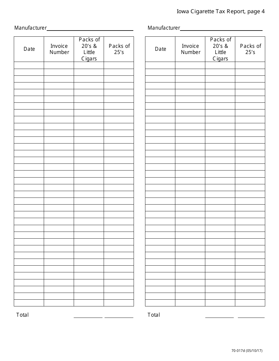 Form 70-017 Iowa Cigarette Tax Report for in-State Distributors - Iowa, Page 4