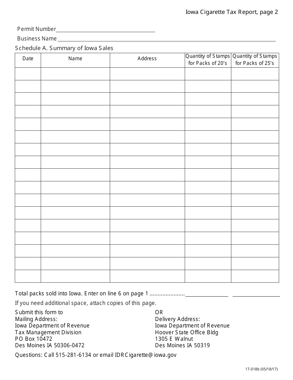 Form 17-018 Download Printable PDF or Fill Online Iowa Cigarette Tax ...