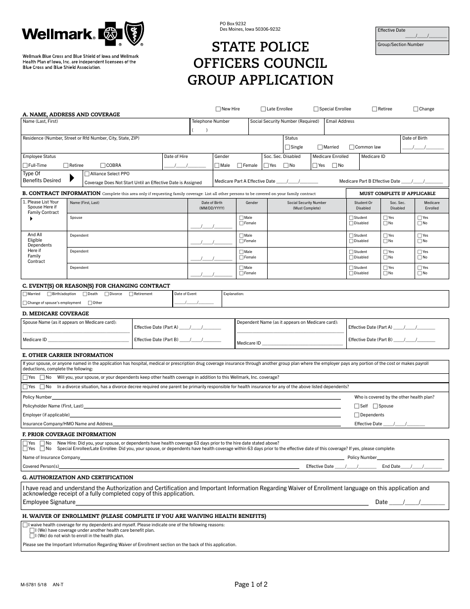Form M-5781 State Police Officers Council Group Application - Iowa, Page 1