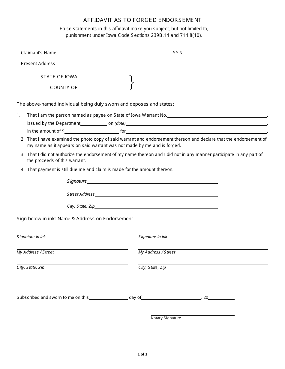 Iowa Affidavit As To Forged Endorsement Fill Out Sign Online And Download Pdf Templateroller 4299