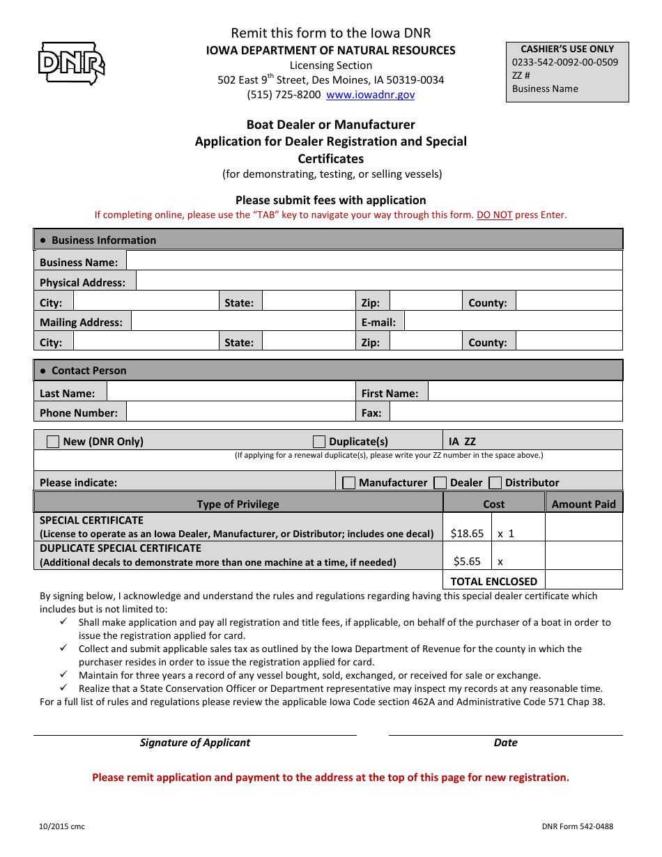 DNR Form 542-0488 Boat Dealer or Manufacturer Application for Dealer Registration and Special Certificates - Iowa, Page 1