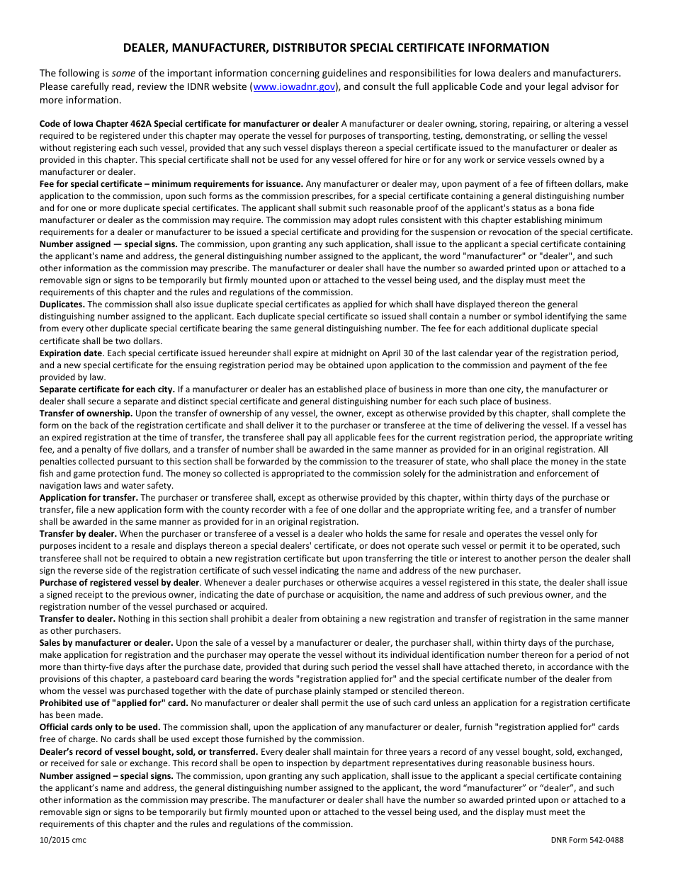 DNR Form 542-0488 Boat Dealer or Manufacturer Application for Dealer Registration and Special Certificates - Iowa, Page 2