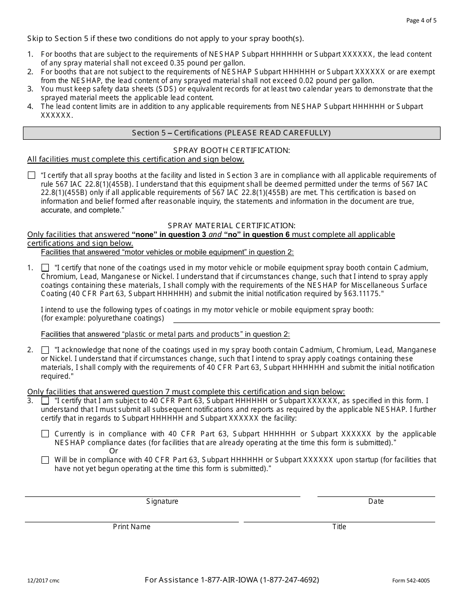 DNR Form 542-4005 Notification Letter for Permit by Rule for Spray Booths - Iowa, Page 4