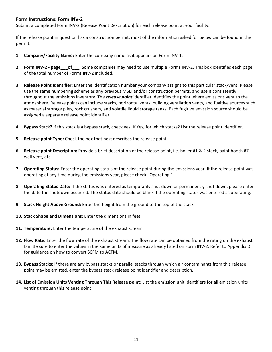 Instructions for Form INV-2, DNR Form 542-4004 Emission Point Description - Iowa, Page 1