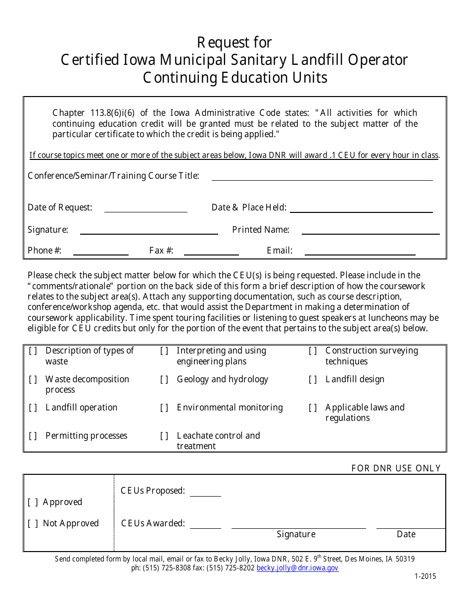 Request for Certified Iowa Municipal Sanitary Landfill Operator Continuing Education Units - Iowa, Page 1