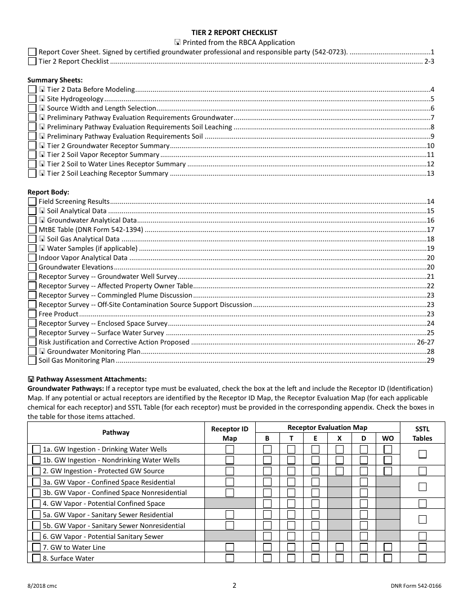 DNR Form 542-0166 Tier 2 Report Checklist - Iowa, Page 1