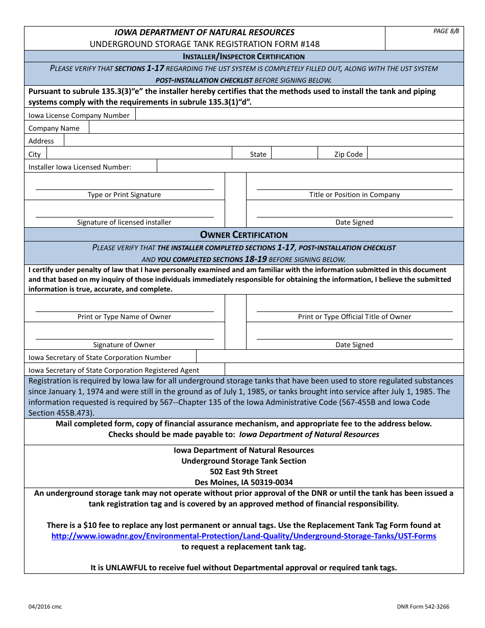 DNR Form 542-3266 (148) Ust Registration Form - Iowa, Page 8