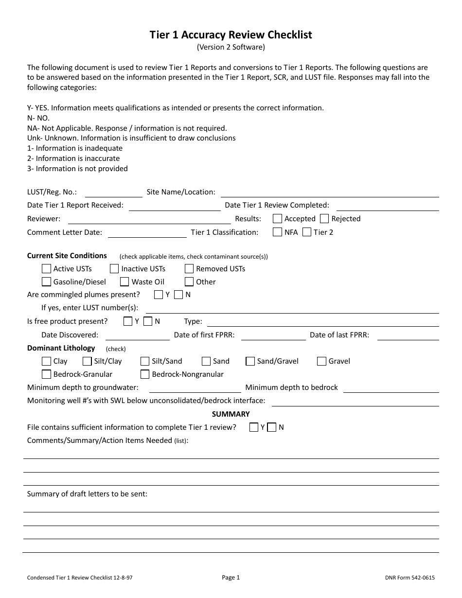 DNR Form 542-0615 Tier 1 Accuracy Review Checklist - Iowa, Page 1