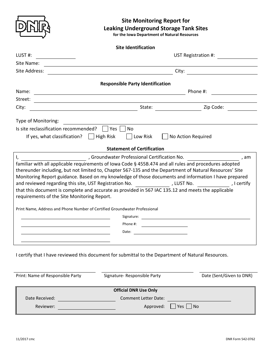 DNR Form 542-0762 Site Monitoring Report for Leaking Underground Storage Tank Sites - Iowa, Page 1