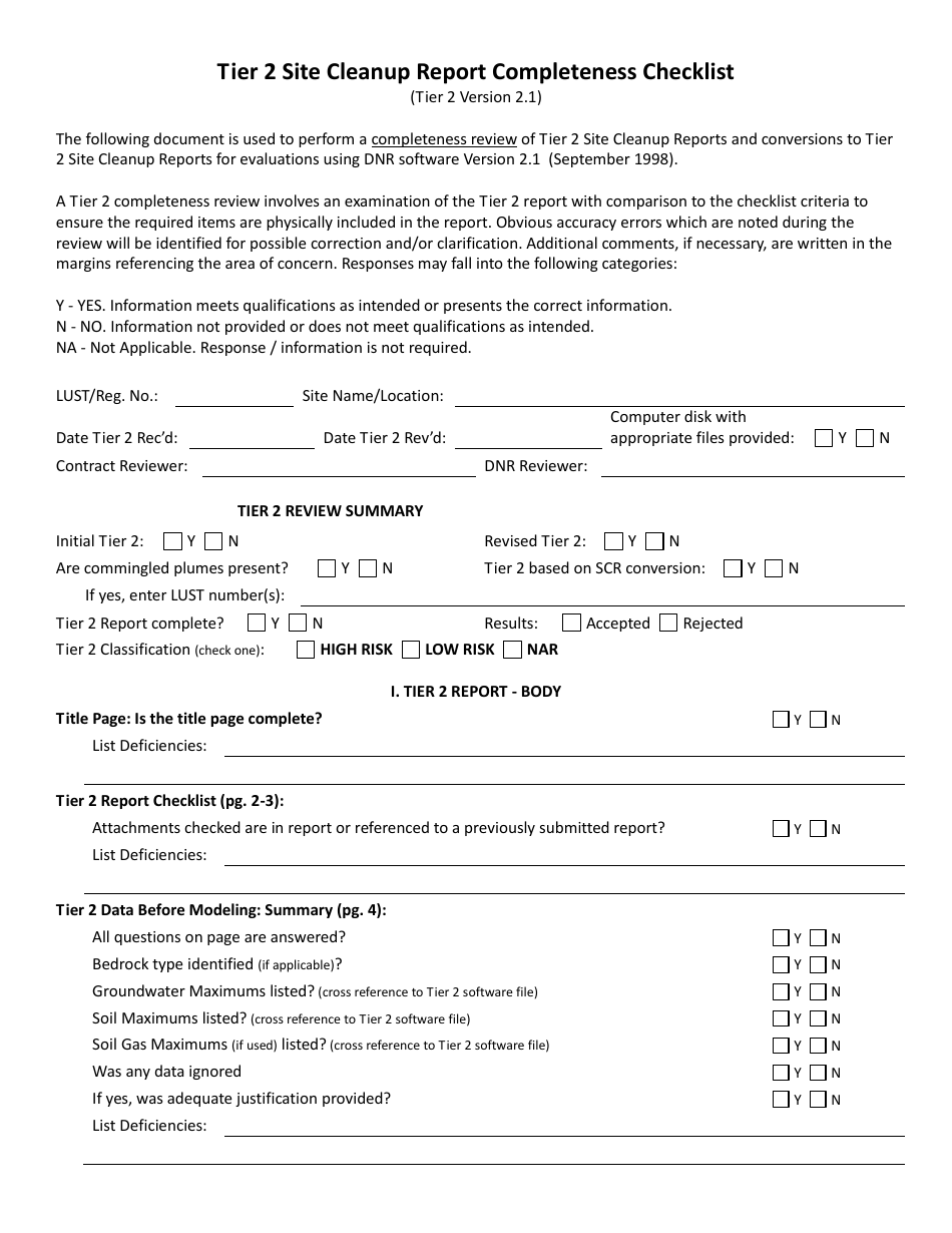 DNR Form 542-0612 Tier 2 Site Cleanup Report Completeness Checklist - Iowa, Page 1