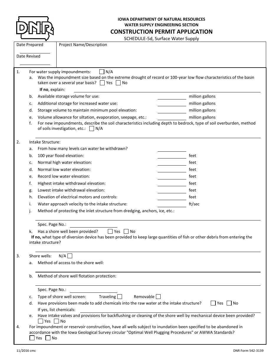 DNR Form 542-3139 Schedule 5D Construction Permit Application - Surface Water Supply - Iowa, Page 1