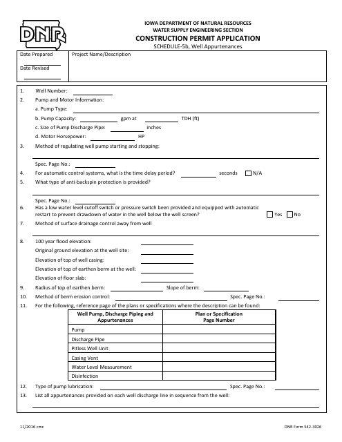 DNR Form 542-3026 Schedule 5B Construction Permit Application - Well Appurtenances - Iowa