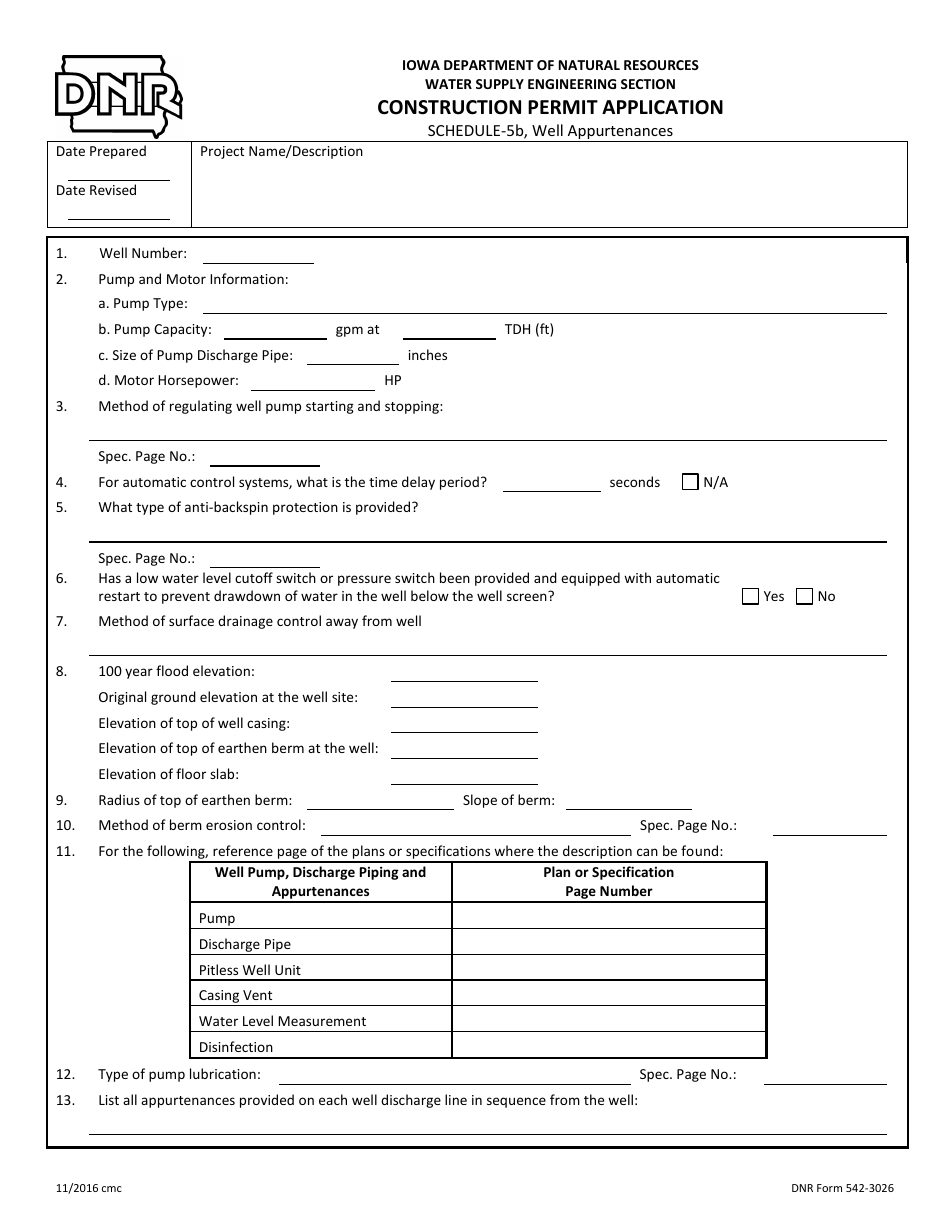DNR Form 542-3026 Schedule 5B Construction Permit Application - Well Appurtenances - Iowa, Page 1