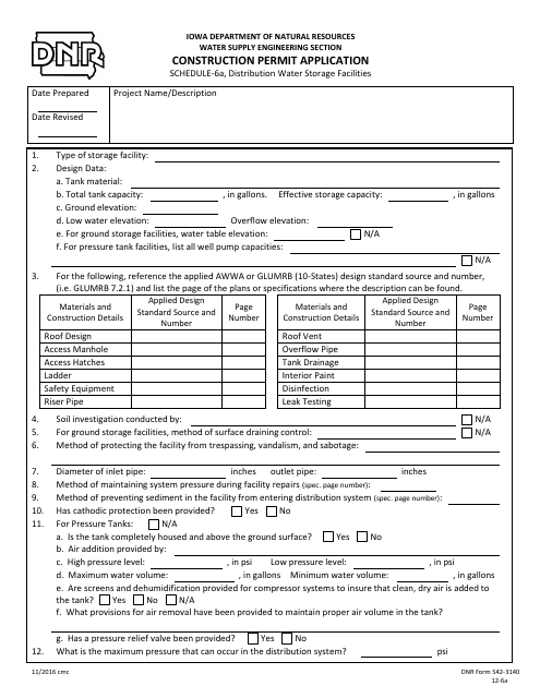 DNR Form 542-3140 Schedule 6A Construction Permit Application - Distribution Water Storage Facilities - Iowa
