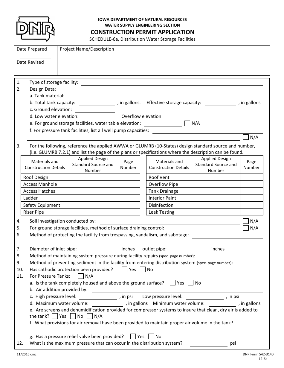 DNR Form 542-3140 Schedule 6A Construction Permit Application - Distribution Water Storage Facilities - Iowa, Page 1
