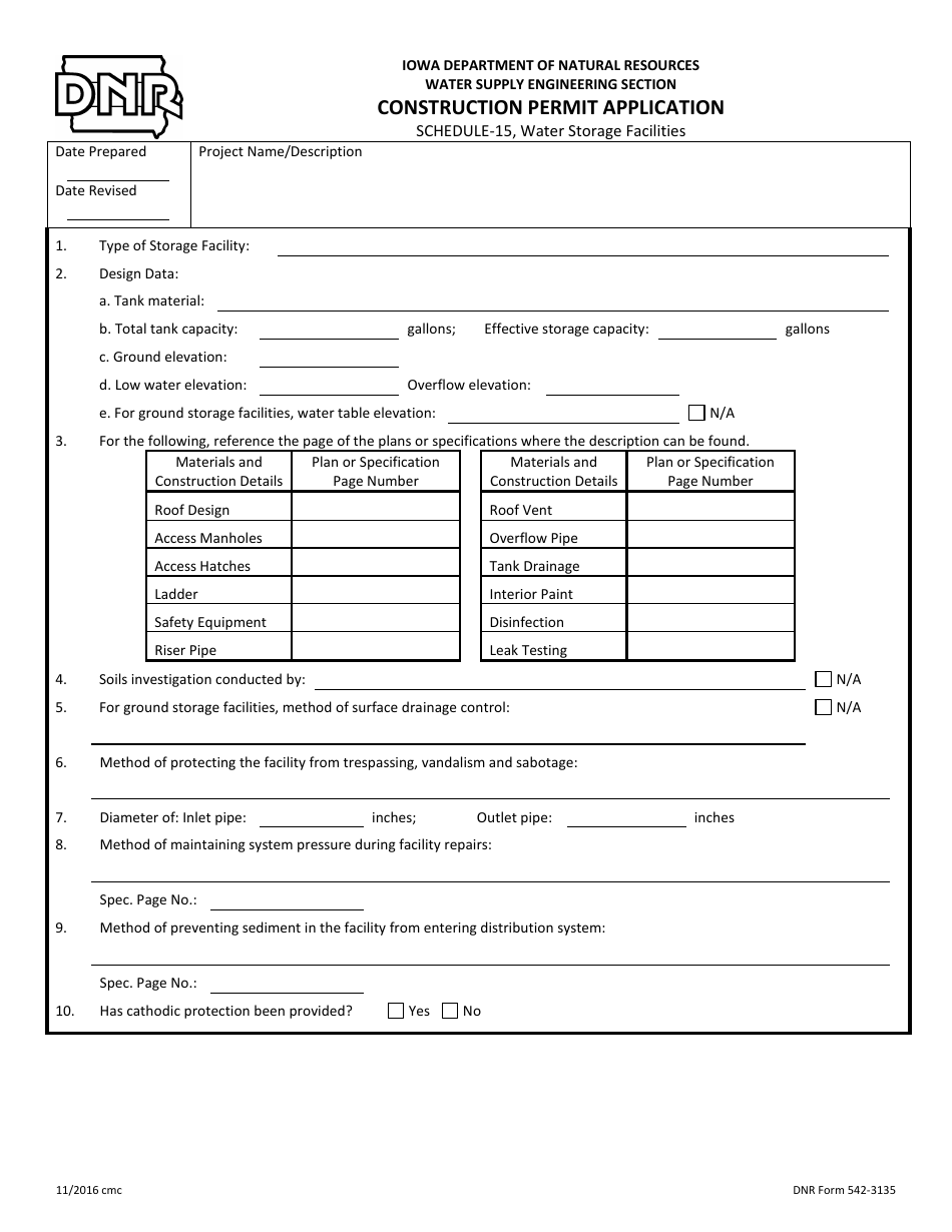 DNR Form 542-3135 Schedule 15 Construction Permit Application - Water Storage Facilities - Iowa, Page 1