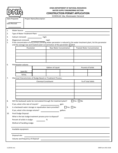 DNR Form 542-3136 Schedule 16A Construction Permit Application - Wastewater General - Iowa
