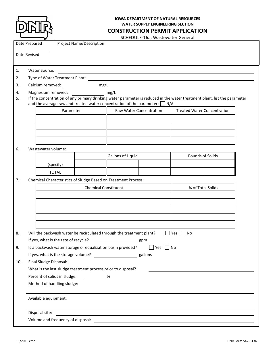 DNR Form 542-3136 Schedule 16A Construction Permit Application - Wastewater General - Iowa, Page 1