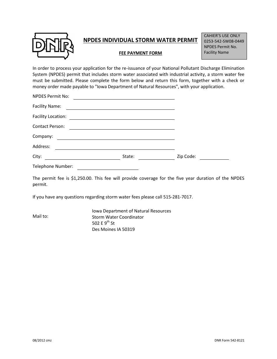 DNR Form 542-8121 Fee Payment Form - Npdes Individual Storm Water Permit - Iowa, Page 1