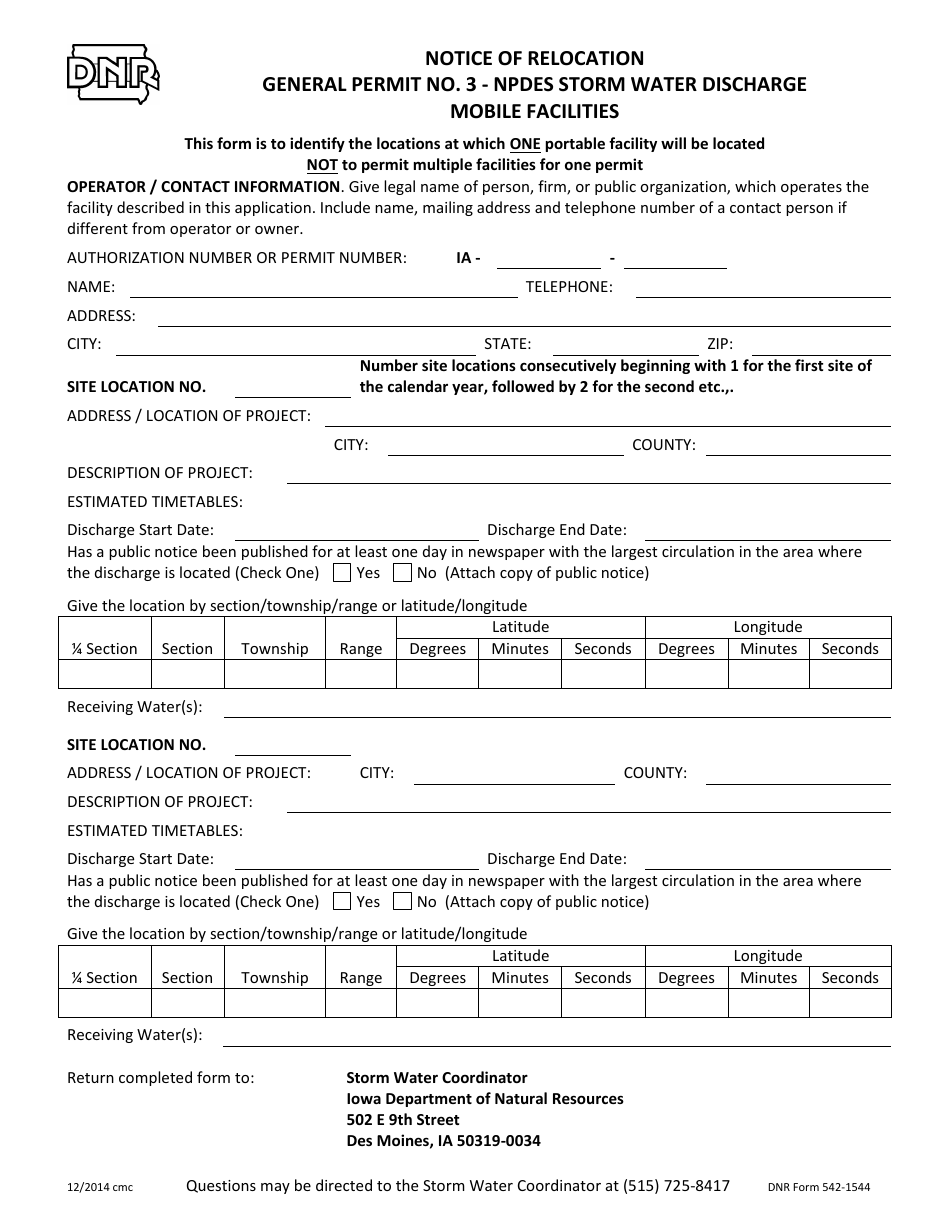 DNR Form 542-1544 Notice of Relocation - General Permit No. 3 - Npdes Storm Water Discharge Mobile Facilities - Iowa, Page 1