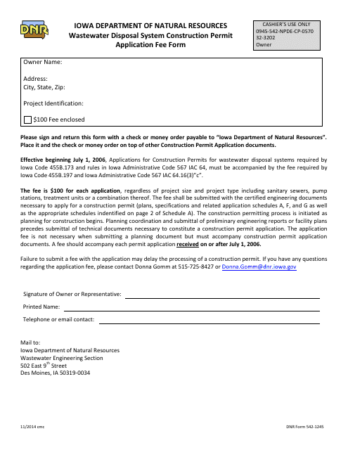 DNR Form 542-1245 Wastewater Disposal System Construction Permit Application Fee Form - Iowa