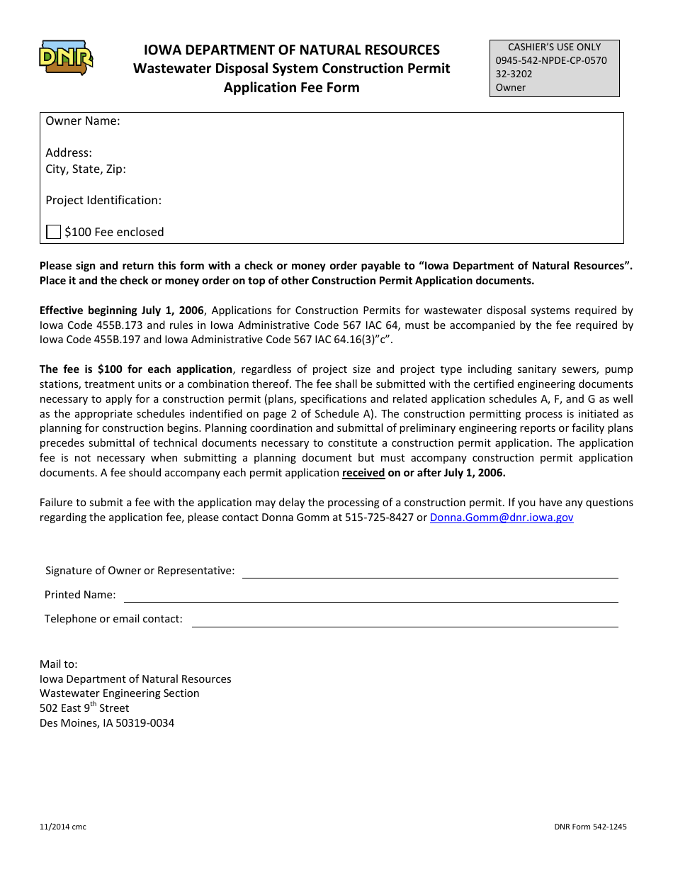 DNR Form 542-1245 Wastewater Disposal System Construction Permit Application Fee Form - Iowa, Page 1
