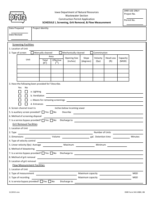DNR Form 542-3089 Schedule I Construction Permit Application - Screening, Grit Removal, & Flow Measurement - Iowa