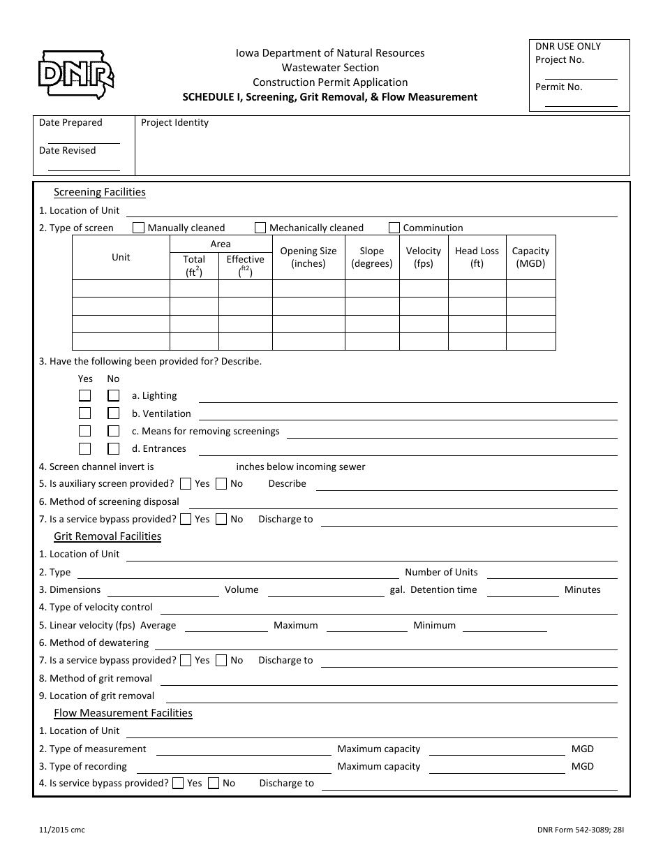 DNR Form 542-3089 Schedule I Construction Permit Application - Screening, Grit Removal,  Flow Measurement - Iowa, Page 1