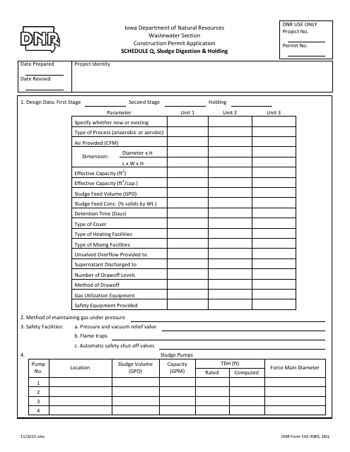 DNR Form 545-3085 Schedule Q Construction Permit Application - Sludge Digestion & Holding - Iowa