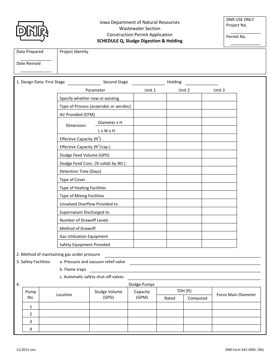 DNR Form 545-3085 Schedule Q Construction Permit Application - Sludge Digestion  Holding - Iowa, Page 1