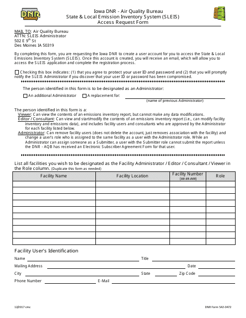 DNR Form 542-0472 Sleis Access Request Form - Iowa