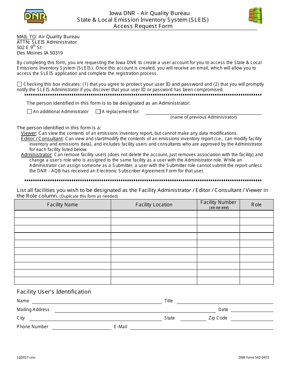 DNR Form 542-0472 Sleis Access Request Form - Iowa, Page 1